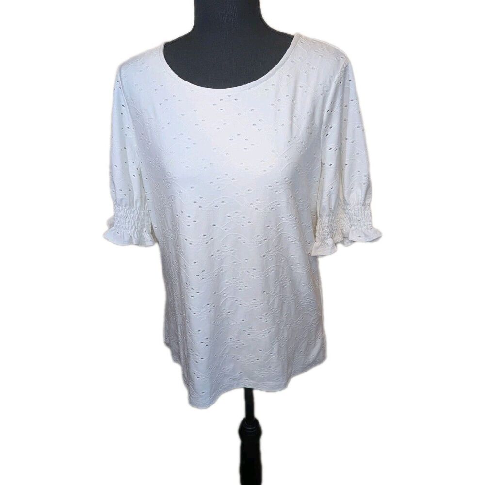 Adrianna Papell Eyelet Short Sleeve Keyhole Back Crew Neck Top Medium